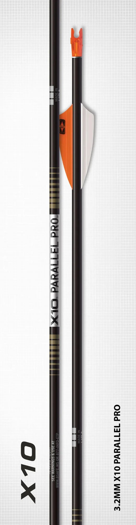 Drei Easton X10 Parallel Pro 3,2 mm Bogenschäfte, hochwertige Pfeilspitzen und Fletching für Zielscheibenschießen.
