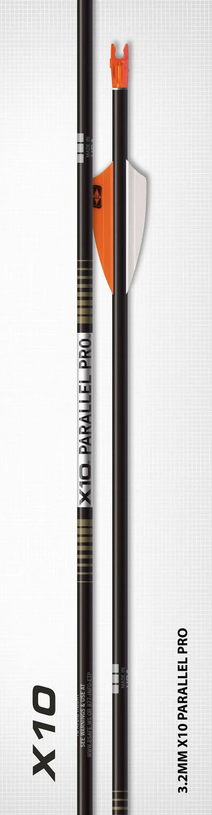 Drei Easton X10 Parallel Pro 3,2 mm Bogenschäfte, hochwertige Pfeilspitzen und Fletching für Zielscheibenschießen.